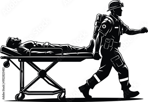 Professional emergency medical technician actively transports a patient on a mobile stretcher, representing essential healthcare services and urgent care response in a clear silhouette.