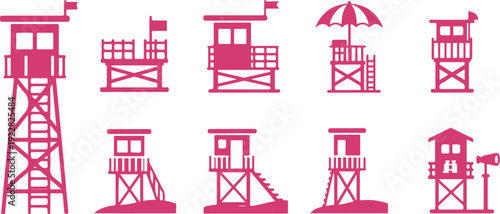 Collection of various lifeguard tower designs and styles for beach safety illustrations isolated on transparent background