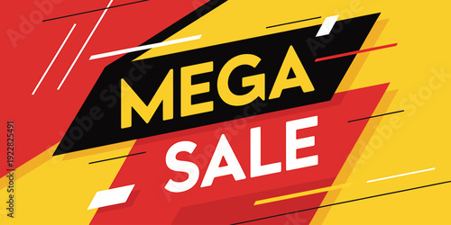 Mega sale advertisement with colorful geometric shapes and lines