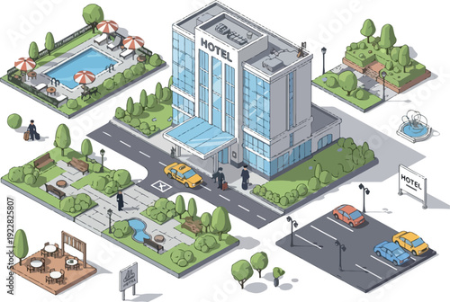 Isometric illustration of a modern hotel building surrounded by lush greenery and bustling city streets with vehicles and pedestrians from an aerial viewpoint