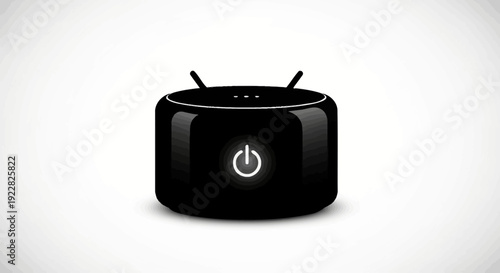 Black wireless router with glowing power button on white background symbolizing internet connectivity and technology