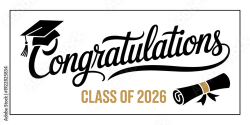 Congratulations Class of 2026 graduation banner with cap and scroll graphic