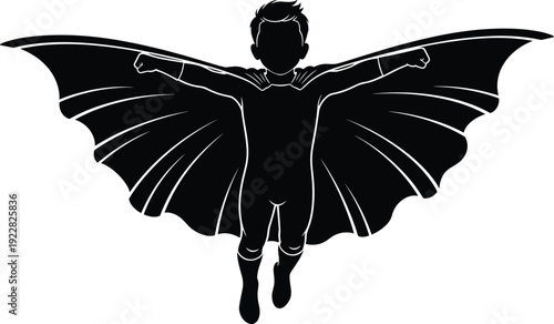 Superhero boy silhouette flying with cape spread wide, brave child in hero costume, imagination and childhood dreams vector illustration design.