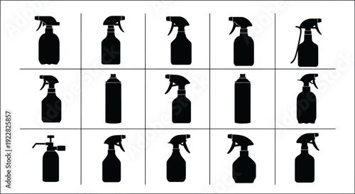 Spray bottle silhouettes in various orientations on white background for cleaning and household concepts