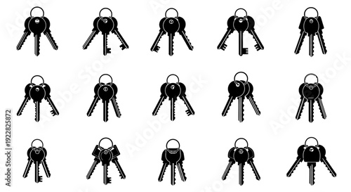 Multiple sets of assorted black metal keys on keyrings isolated on white background for security and access concepts