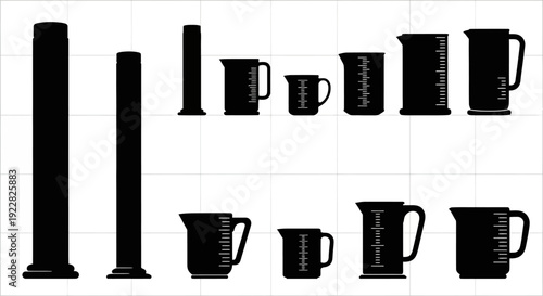 Black silhouettes of various measuring cups and cylinders on a white background for design and education