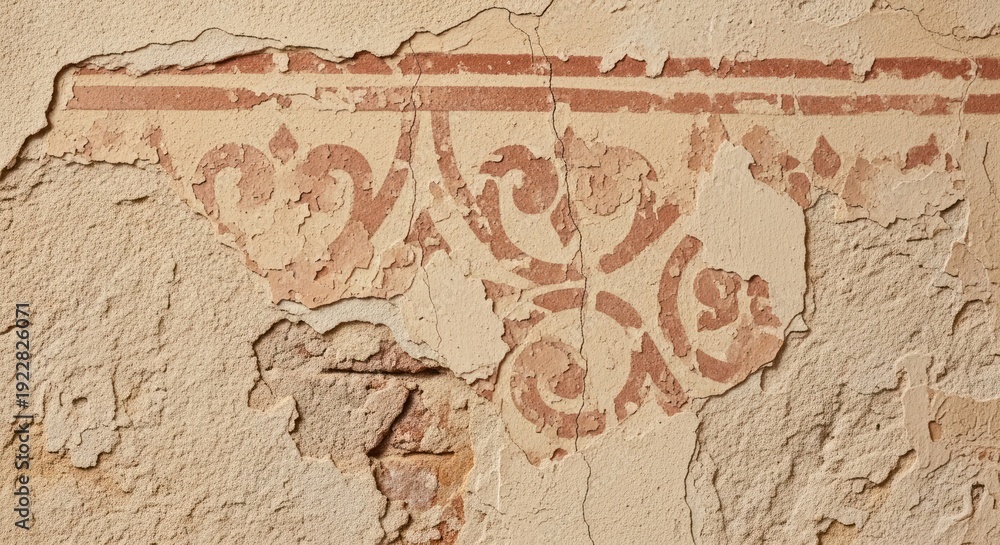 Fototapeta premium Ancient Red Floral Design on Cracked Wall.