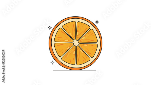 Detailed illustration of a juicy orange slice showing pulp and skin segments with small decorative stars on white.