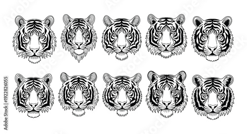 Eight tiger head illustrations in a black and white grid pattern