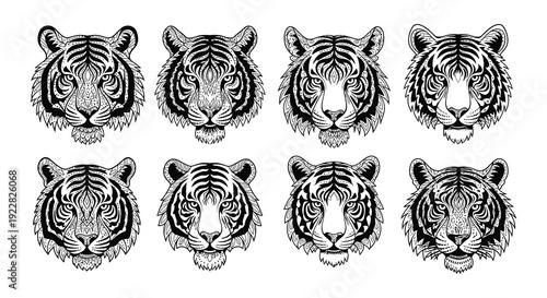 Eight tiger head illustrations in a black and white grid pattern