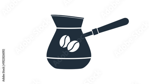 Solid dark silhouette of a traditional turkish coffee cezve pot with two coffee bean symbols on its side on white.