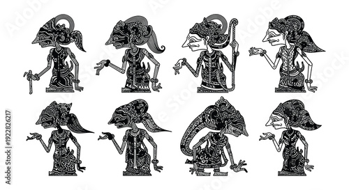 Detailed arrangement of traditional wayang kulit shadow puppets on white background