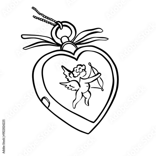 Vintage Heart Locket with Cupid Line Art Illustration, Romantic Valentine Pendant Outline