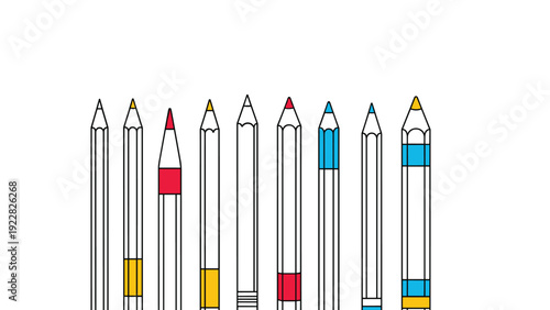 Illustration of a row of wooden pencils in various stages of sharpening with different colored bands and tips.