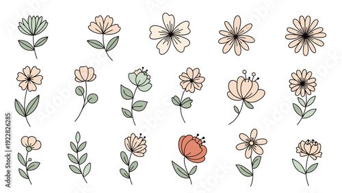Set of eighteen different hand drawn flower and leaf icons in soft pink and green colors on a white background.
