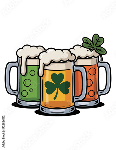 Three mugs of beer with clover 