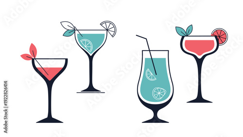 Set of four different cocktail glasses with colorful drinks garnished with leaves and fruit slices on white.