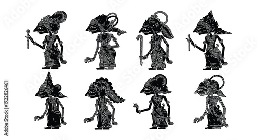 Detailed arrangement of traditional wayang kulit shadow puppets on white background