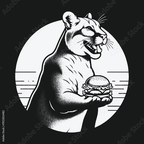 Cougar mascot holding a burger in a vintage style illustration.