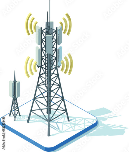 5G cellular network tower illustration, wireless communication antenna, mobile signal transmission concept, isometric technology design, isolated on white
