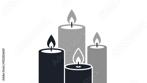 Illustration of four burning pillar candles of different heights in black and grey shades against a white background.