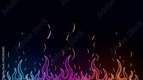 Colorful Neon Flames on Black Background.