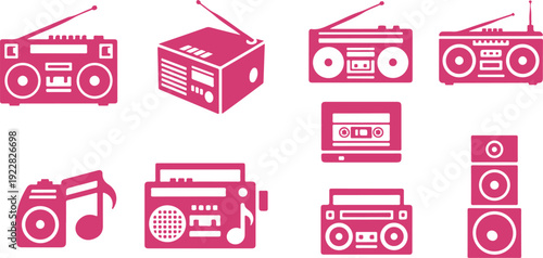Collection of vintage boombox and cassette tape icons featuring various retro audio devices isolated design