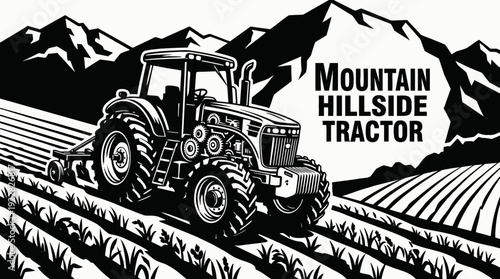 tractor farm mountain field machinery rural hillside harvest crop landscape equipment industry black and white design vector illustration