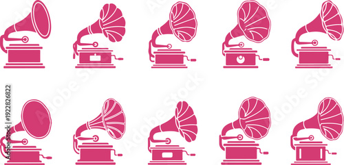 Collection of vintage gramophone icons arranged in rows isolated on transparent background for design projects