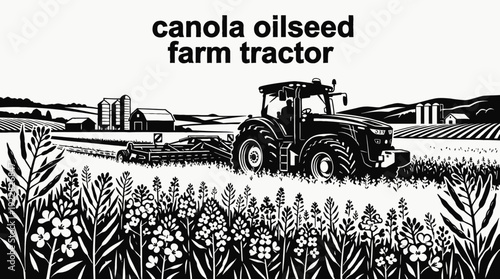 tractor farm canola field machinery rural harvest oilseed crop landscape black and white equipment industry design vector illustration