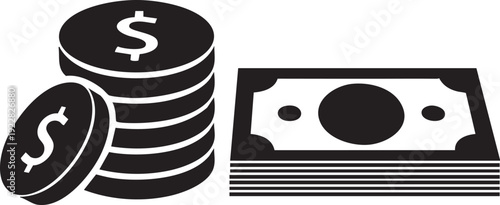 Stack of dollar coins and banknotes icon