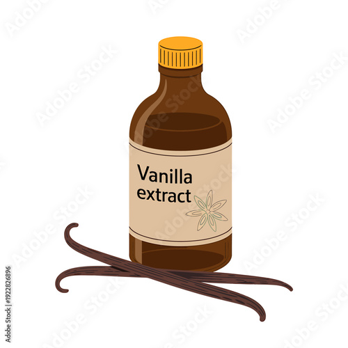 Vanilla extract bottle with two vanilla beans on white background