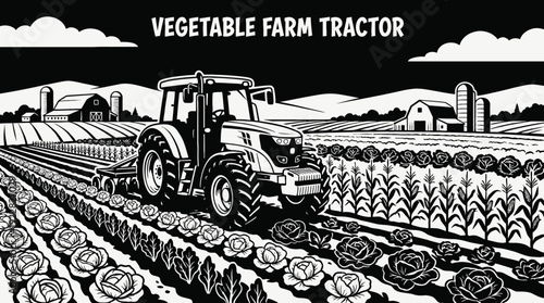 tractor agriculture farm vegetable field machinery rural harvest crop landscape equipment industry cultivation black and white design vector illustration