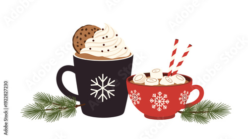 Cozy hot chocolate and cocoa mugs with marshmallows whipped cream candy canes and cookies for Christmas winter season holidays.
