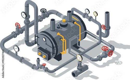Industrial pump system illustration with pipes and valves in a technical isometric view