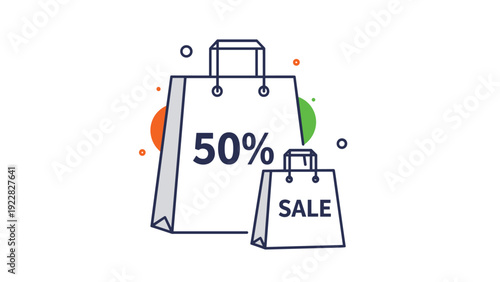 Shopping bags with sale and percentage discount text for retail promotion commercial marketing and seasonal shopping campaign.