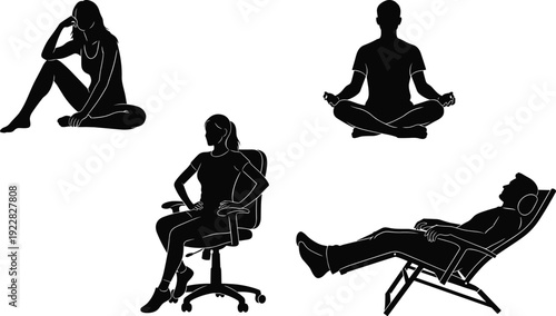 Collection of people silhouettes relaxing in various poses, man meditating in lotus position, woman sitting on floor, and person reclining.