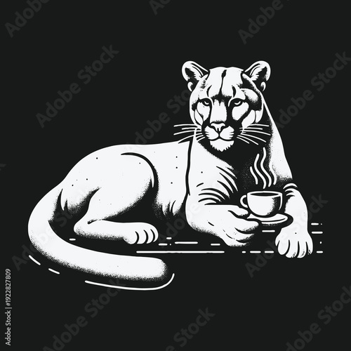 Cougar Sipping Coffee: A Serene and Focused Feline Illustration.