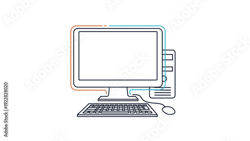Desktop computer workstation with monitor system unit keyboard and mouse shown in a simple clean line art illustration.