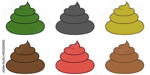 Set of colorful poop icons in various shades isolated on white background. concept of humorous design, poo, feces, fun elements, playful icons for creative projects, graphic illustration, collection.