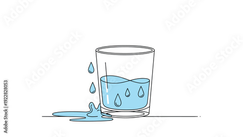 Glass of water with falling drops and a spill on the surface representing hydration freshness and purity in a simple style.