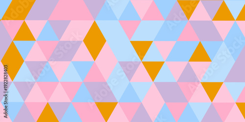 A colorful geometric pattern features overlapping triangles in shades of orange pink lavender and light blue creating a vibrant abstract design high-quality professional.