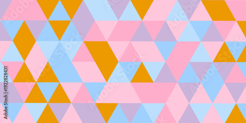 A colorful geometric pattern features overlapping triangles in shades of orange pink lavender and light blue creating a vibrant abstract design high-quality professional.