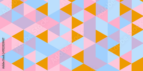 A colorful geometric pattern features overlapping triangles in shades of orange pink lavender and light blue creating a vibrant abstract design high-quality professional.