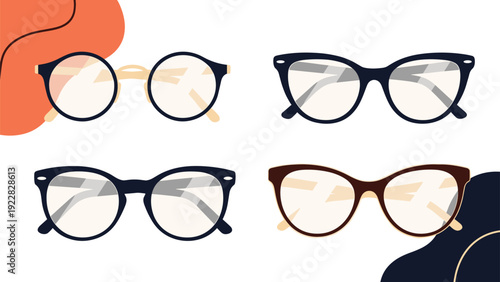 Set of four stylish eyeglass frames in different shapes and colors for vision correction and fashion accessories.