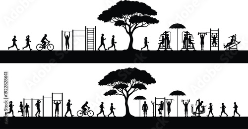 People silhouette exercising in outdoor park gym, athletes running and cycling near trees, diverse group training on street workout equipment.