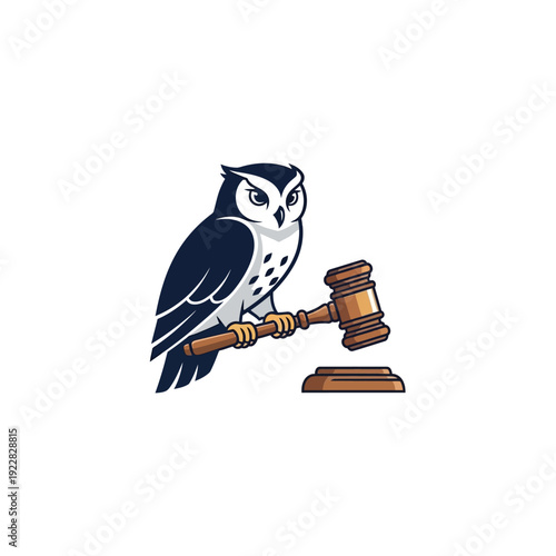 Wise Owl Holding Gavel as a Legal Law Firm Symbol on Isolated White Background