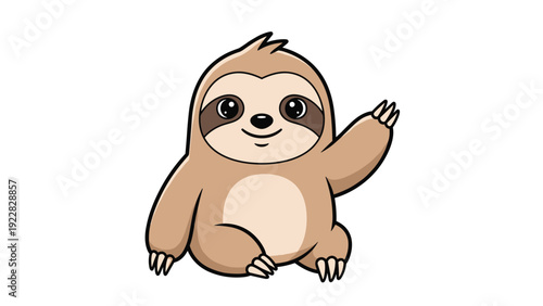 Adorable sloth character sitting and waving its hand with a happy expression in a cute cartoon style for children.