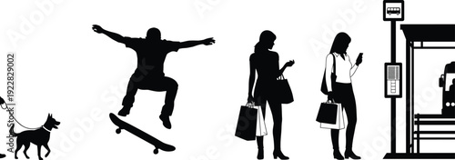 People silhouette doing urban activities, man skateboarding, woman shopping with bags, person waiting at bus stop, walking dog in city.