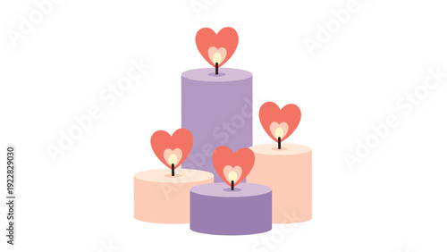 Group of four decorative candles in purple and cream colors with romantic heart shaped flames on a white background.